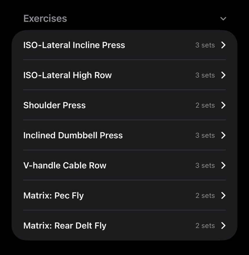 The workout's exercise list: ISO-Lateral Incline Press, ISO-Lateral High Row, Shoulder Press, Inclined Dumbbell Press, V-handle Cable Row, Matrix: Pec Fly and Matrix: Rear Delt Fly