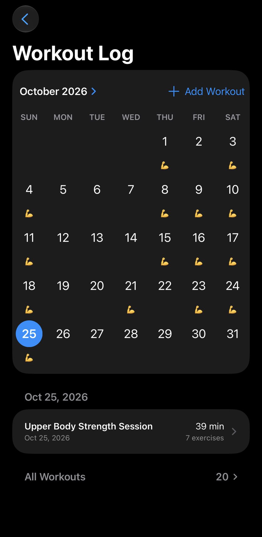 The Workout Log calendar for October 2026, with a flexed-arm marker on each workout day and Add Workout beside the month title