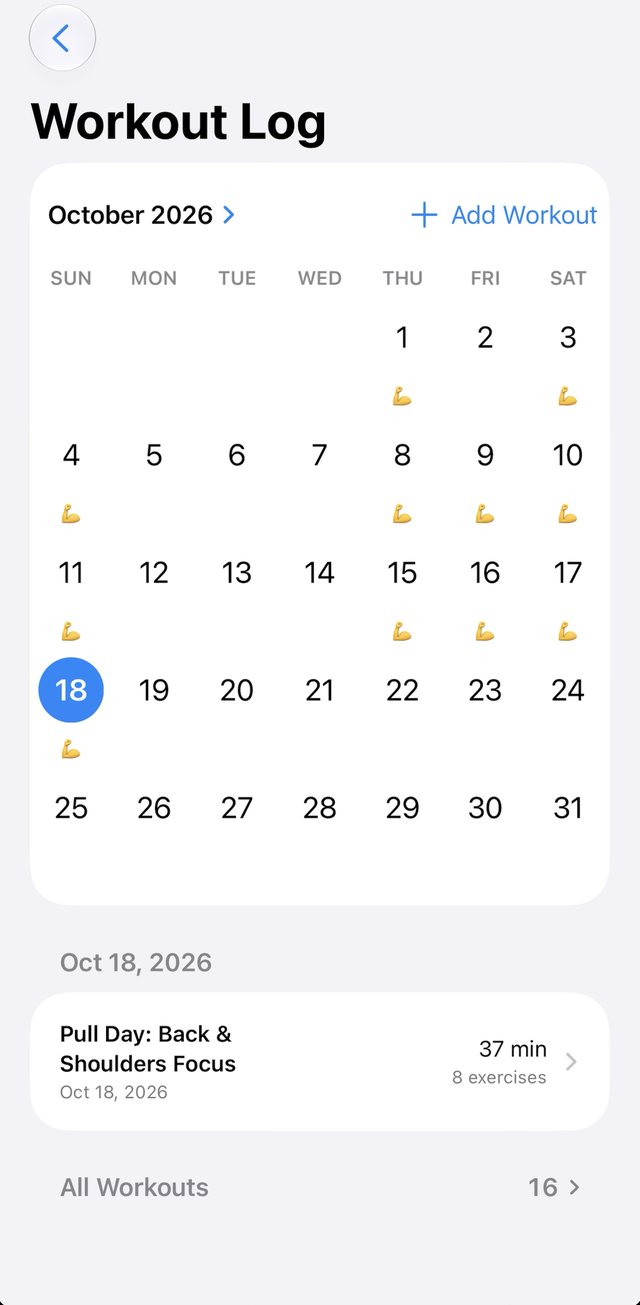 I'm Worthy workout log on iPhone: an October 2026 calendar with a workout marker on each training day and the day's Pull Day session listed below.