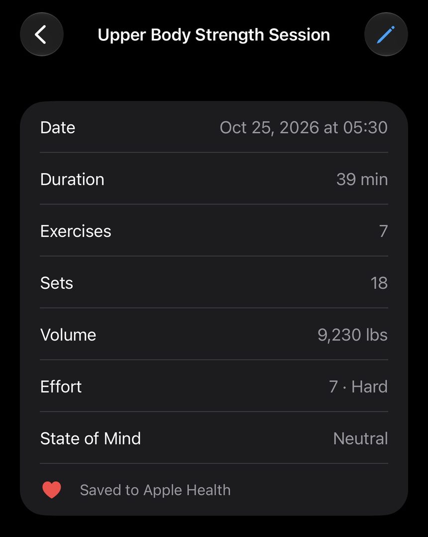 Upper Body Strength Session summary: 39 minutes, 7 exercises, 18 sets, 9,230 lbs volume, effort 7 Hard, State of Mind Neutral, saved to Apple Health