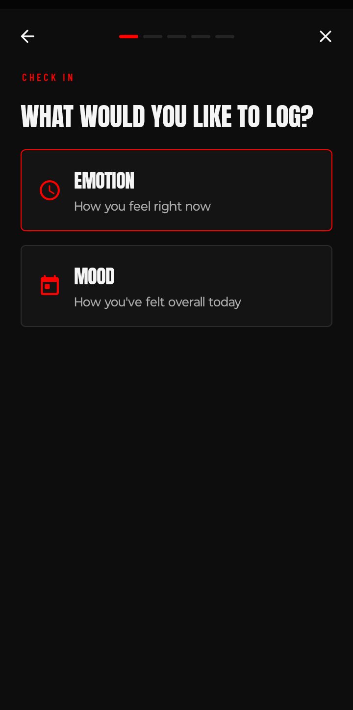 Check-in: What would you like to log? Emotion, how you feel right now, or Mood, how you've felt overall today