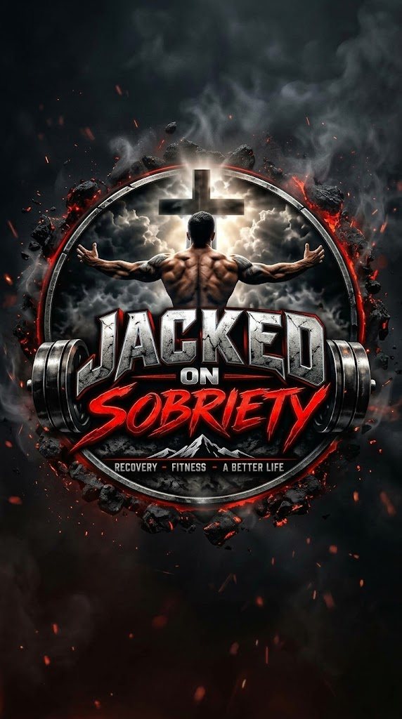 The Jacked on Sobriety launch image: a lifter with arms spread over a barbell-framed logo reading Jacked on Sobriety, Recovery, Fitness, A Better Life