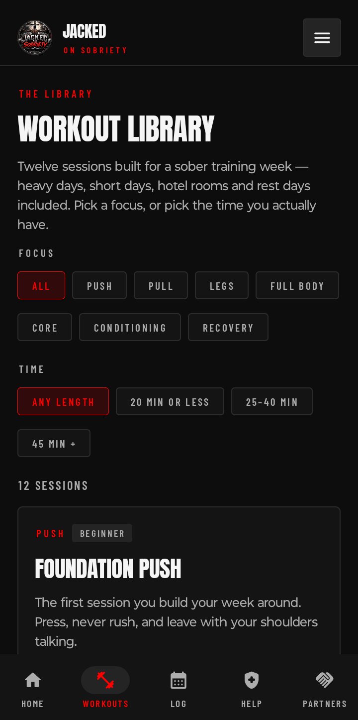Workout Library: twelve sessions with Focus filters (All, Push, Pull, Legs, Full Body, Core, Conditioning, Recovery) and Time filters, starting with Foundation Push