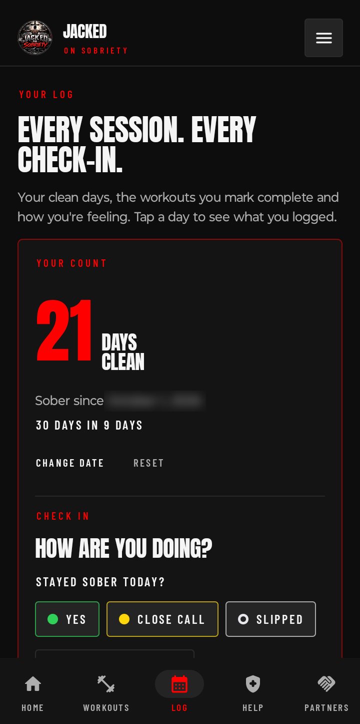 Log tab: Your count, 21 days clean, 30 days in 9 days, then How are you doing? with Stayed sober today? Yes, Close call or Slipped